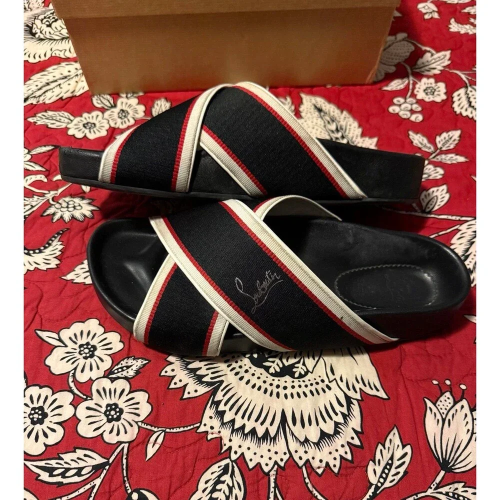 Authentic CHRISTIAN LOUBOUTIN Hot Cross Bizz Donna Web Slides, Size 39(U.S. 8.5)